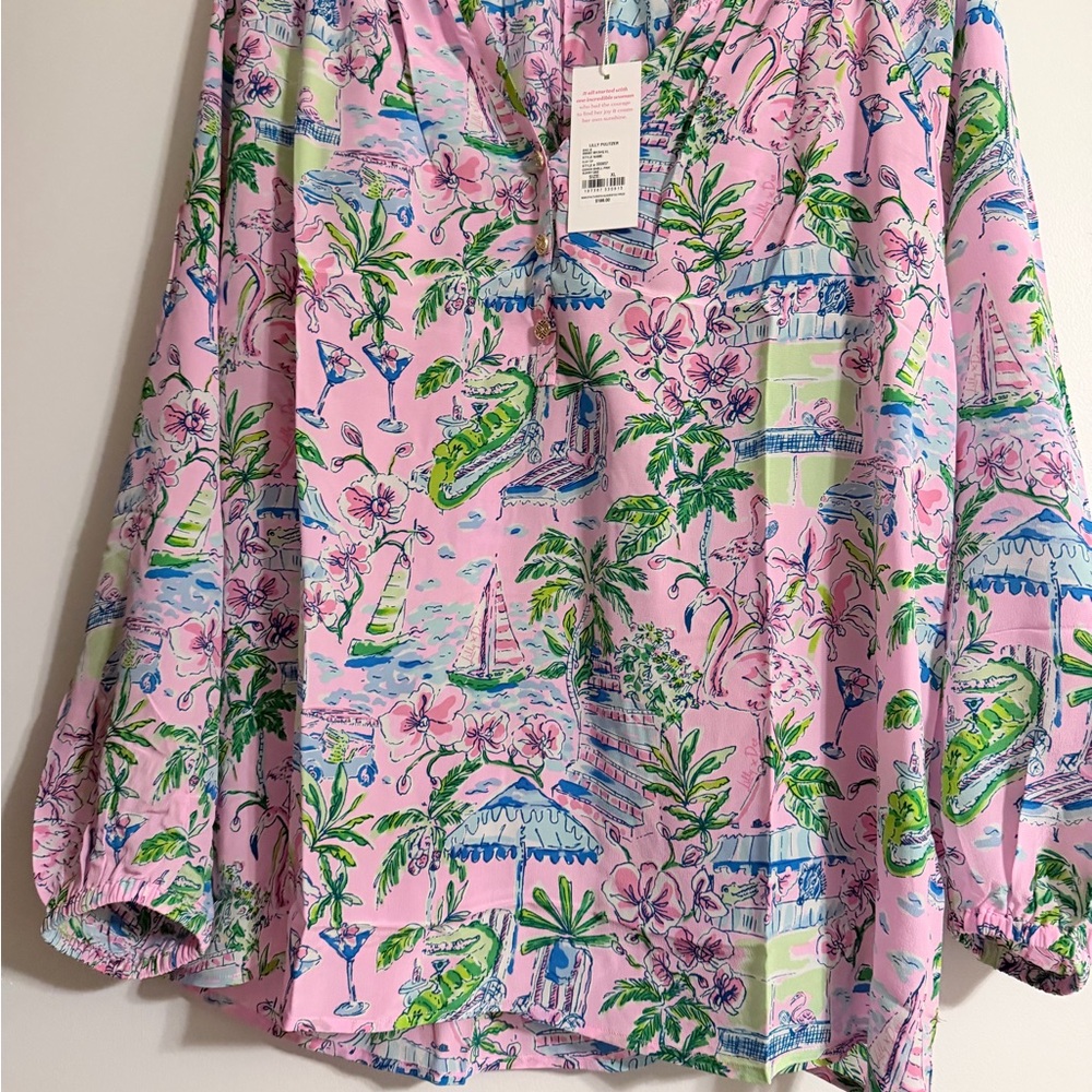 Lilly Pulitzer Elsa Pink Floral & Green Palm Print Top/Conch Shell Pink Sunny De